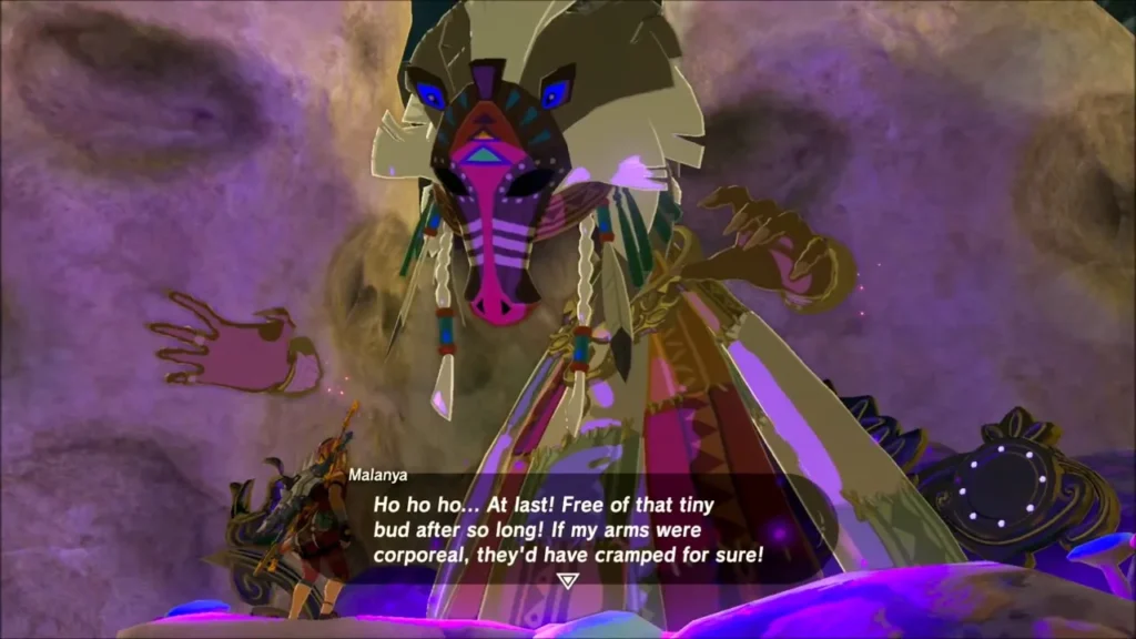 Malanya the horse god towering over Link after her flower is revived Malanya the horse god towering over Link after her flower is revived