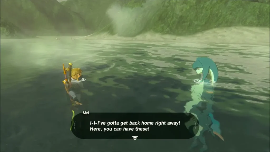Mei in the water telling Link to take the fish she is offering Mei in the water telling Link to take the fish she is offering