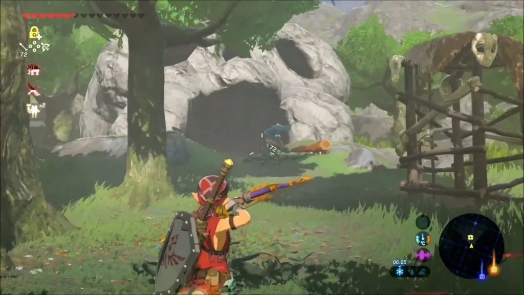 Link aiming a bow near a cave and a wooden lookout in the woods Link aiming a bow near a cave and a wooden lookout in the woods