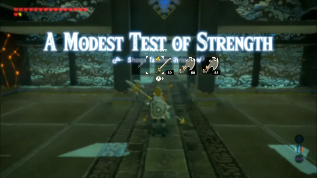 A Modest Test of Strength title as Link enters the shrine trial room A Modest Test of Strength title as Link enters the shrine trial room