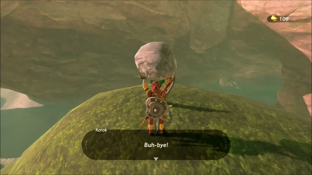 Link holding a rock on the mossy mound while a Korok says goodbye Link holding a rock on the mossy mound while a Korok says goodbye