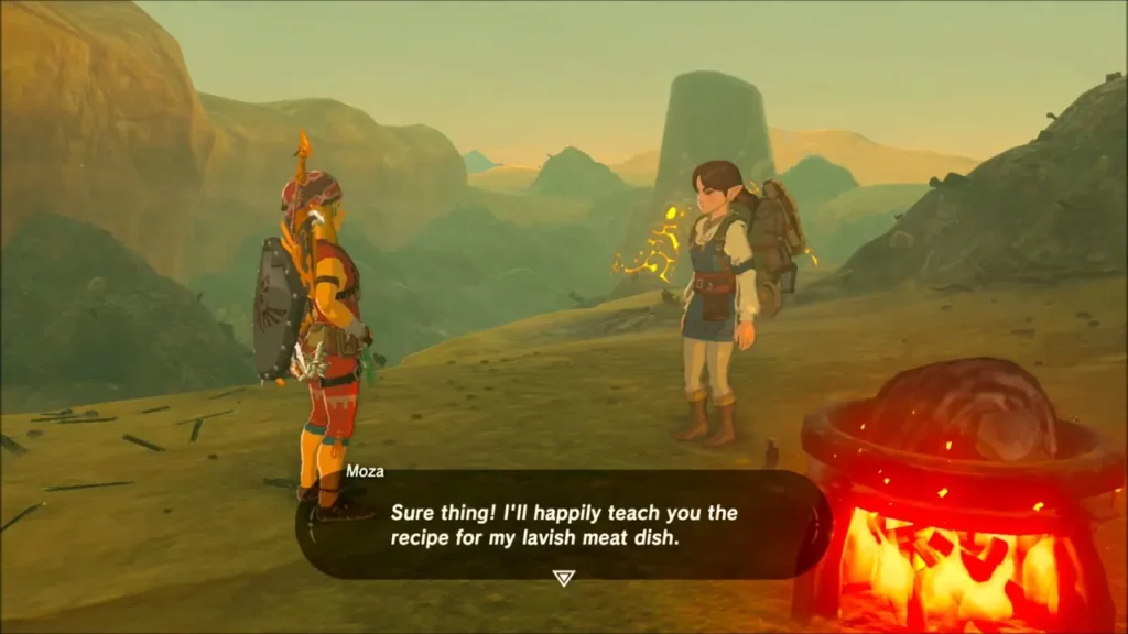 Moza beside his cooking pot on the hill, offering to teach Link the lavish meat dish recipe Moza beside his cooking pot on the hill, offering to teach Link the lavish meat dish recipe
