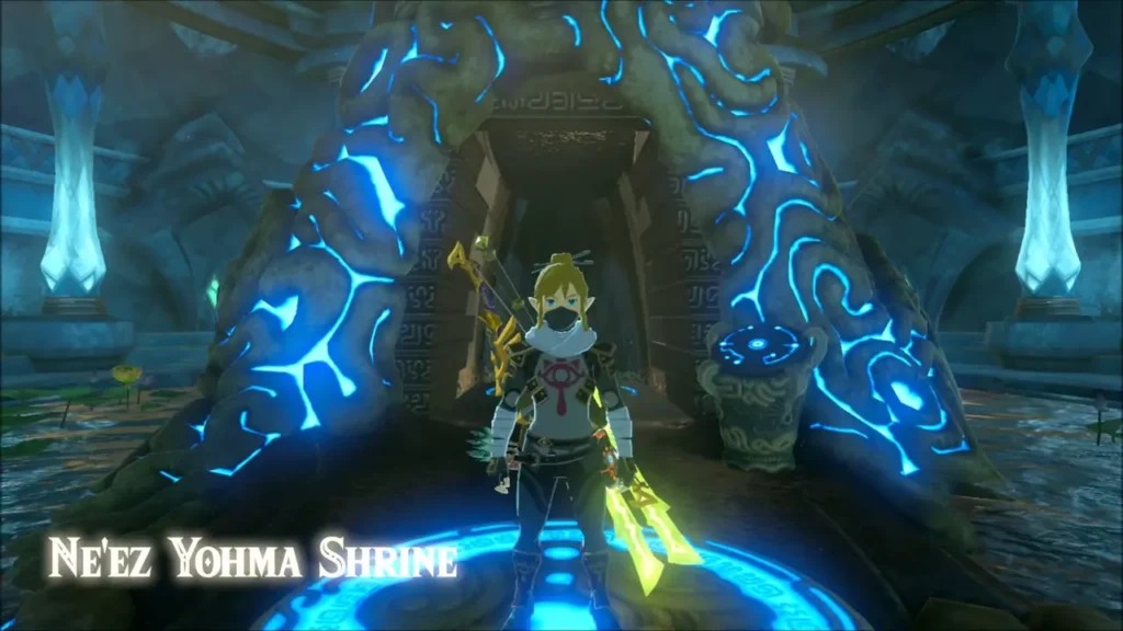 Link standing at the entrance of Ne'ez Yohma Shrine with its title Link standing at the entrance of Ne'ez Yohma Shrine with its title