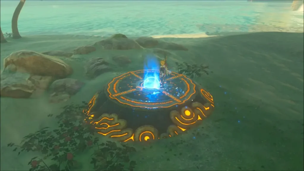 Link placing the orb on the pedestal on the beach Link placing the orb on the pedestal on the beach