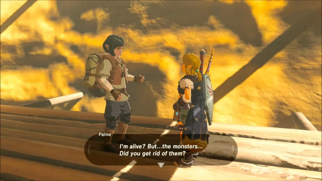 Link speaking with Palme on a high wooden walkway after clearing the Bokoblins Link speaking with Palme on a high wooden walkway after clearing the Bokoblins