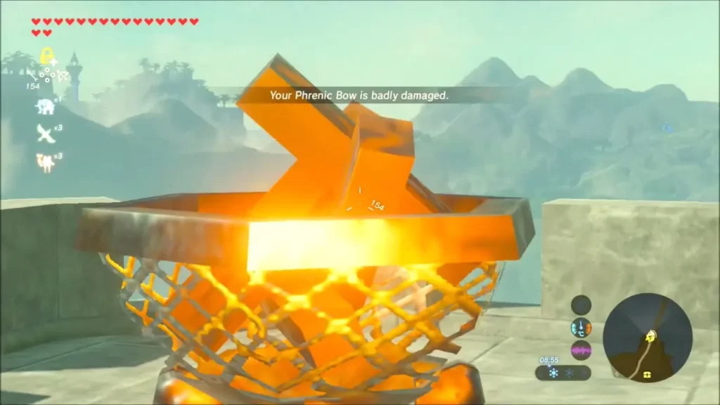 Link's Phrenic Bow breaking in a burst of flame, with a damage warning Link's Phrenic Bow breaking in a burst of flame, with a damage warning
