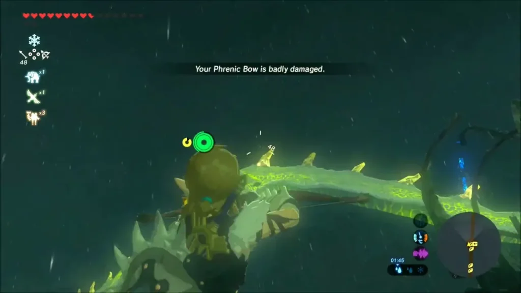 Link aiming up at Farosh as a message says the Phrenic Bow is badly damaged Link aiming up at Farosh as a message says the Phrenic Bow is badly damaged