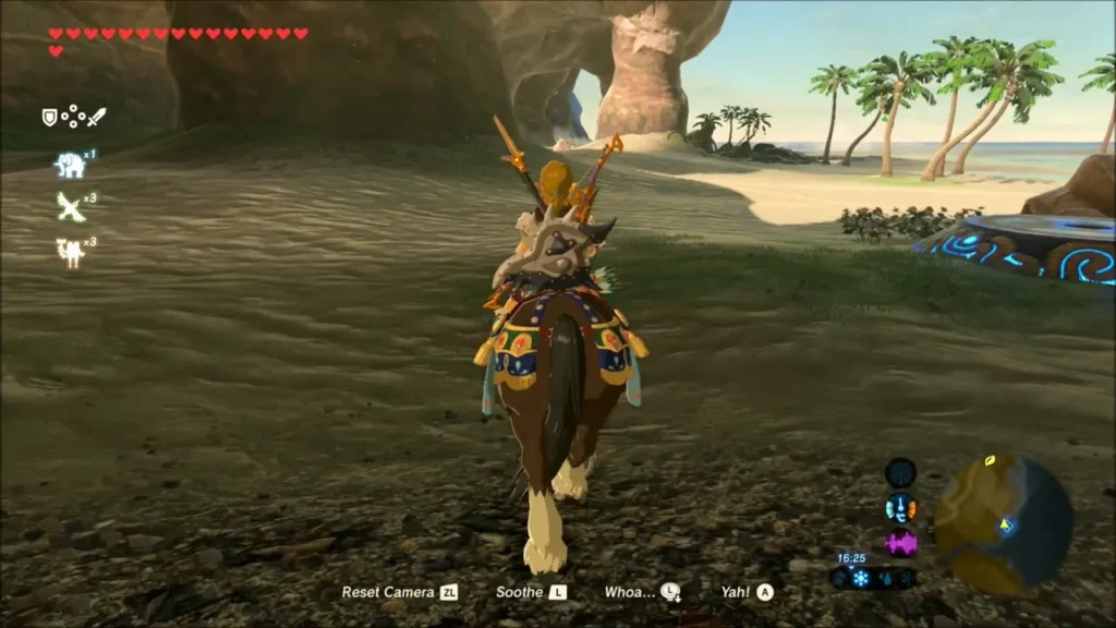 Link riding along the cliffside shore toward a beach Link riding along the cliffside shore toward a beach
