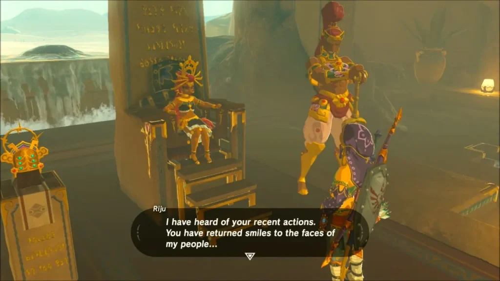 Riju seated on her throne praising Link for returning smiles to her people Riju seated on her throne praising Link for returning smiles to her people