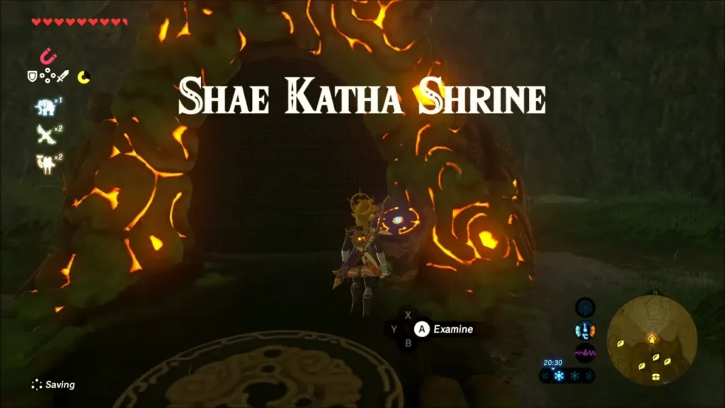Link at the glowing Shae Katha Shrine entrance with its title card Link at the glowing Shae Katha Shrine entrance with its title card