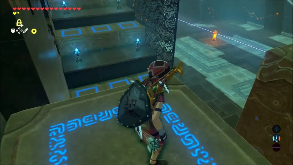 Link on a platform facing the rising stairs with the laser beam across the room Link on a platform facing the rising stairs with the laser beam across the room