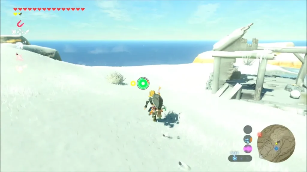 Link walking over snowy slopes above the sea near the peak Link walking over snowy slopes above the sea near the peak