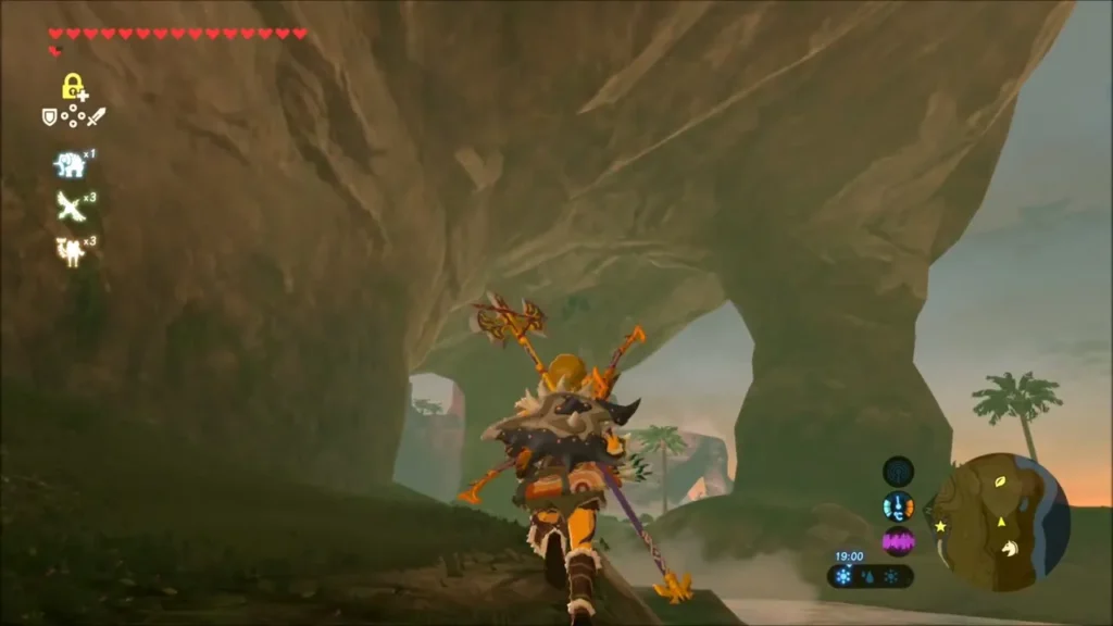 Link running under a rock arch on the southern shore Link running under a rock arch on the southern shore