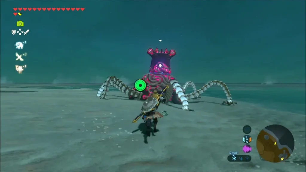 Link facing a Guardian Stalker with its eye glowing on the sand Link facing a Guardian Stalker with its eye glowing on the sand