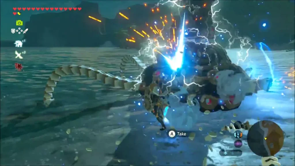Link striking a Guardian Stalker in a burst of lightning Link striking a Guardian Stalker in a burst of lightning