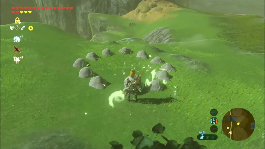 The ring of small stones glowing as Link sets the boulder in the gap The ring of small stones glowing as Link sets the boulder in the gap