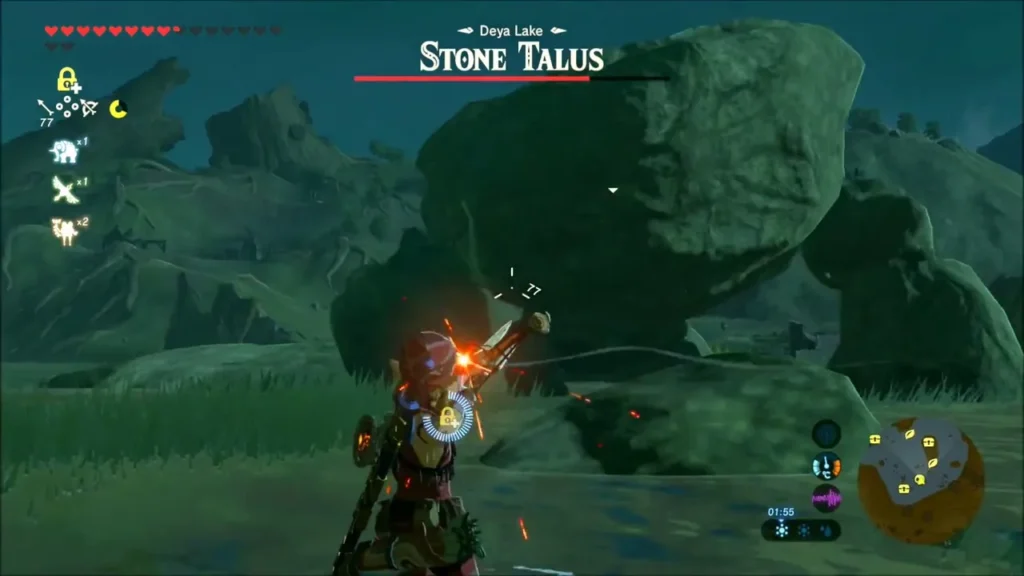 Link aiming a bow at the Stone Talus, with its health bar above Link aiming a bow at the Stone Talus, with its health bar above