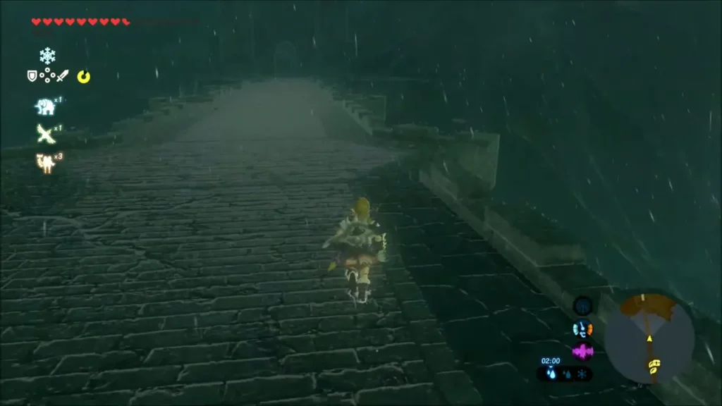 Link running along the Bridge of Hylia deck in heavy rain at night Link running along the Bridge of Hylia deck in heavy rain at night