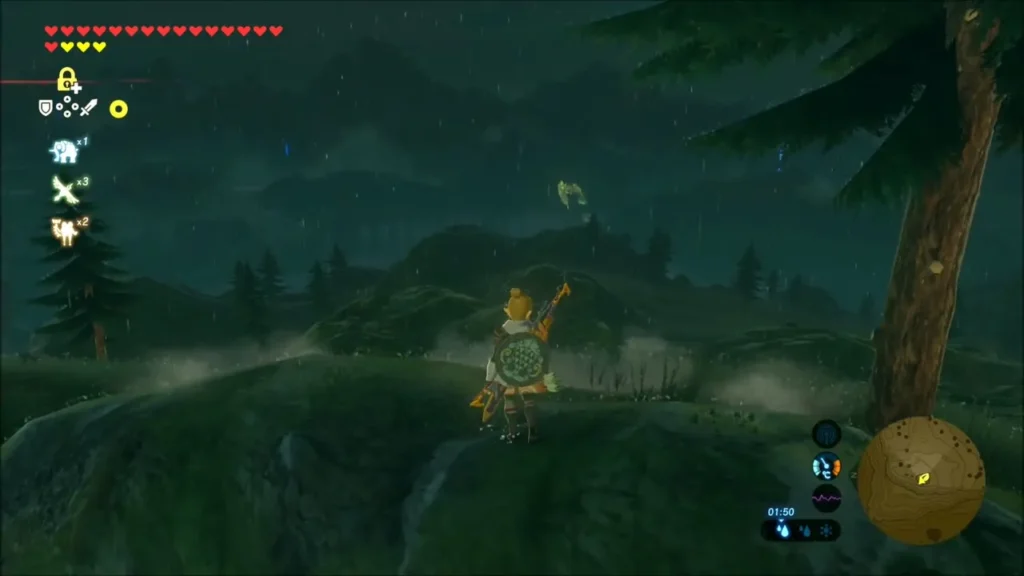 Link on the rainy ridge beside a tall fir tree Link on the rainy ridge beside a tall fir tree