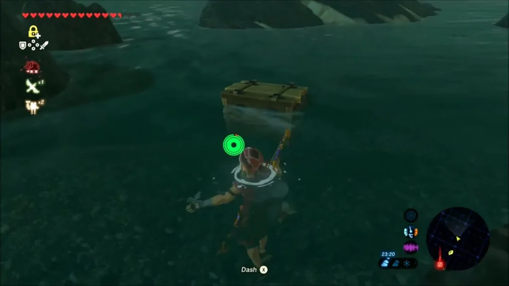 Link swimming up to a chest floating in shallow water Link swimming up to a chest floating in shallow water