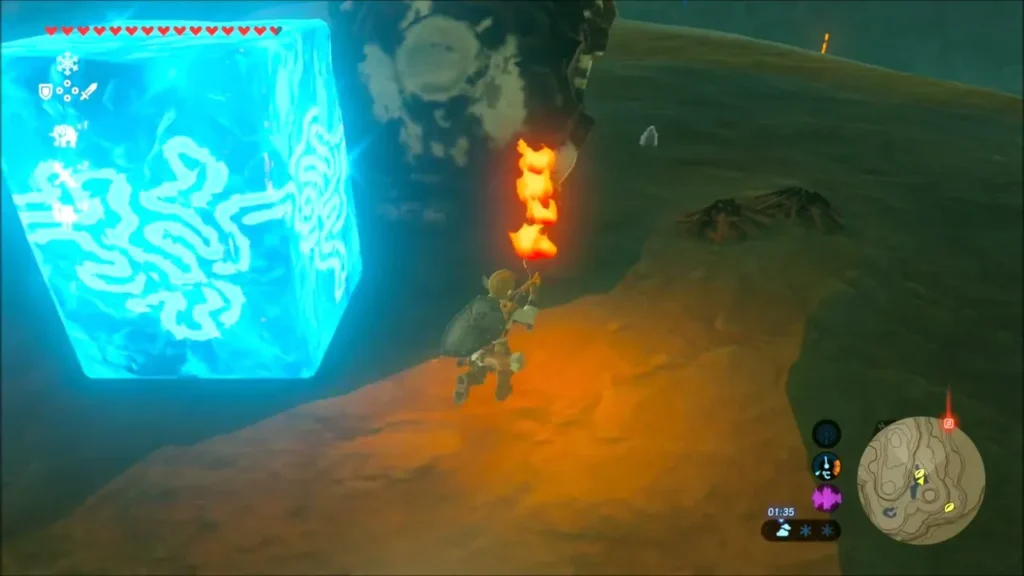 Link with a lit torch next to a glowing ice block on a dark ridge Link with a lit torch next to a glowing ice block on a dark ridge