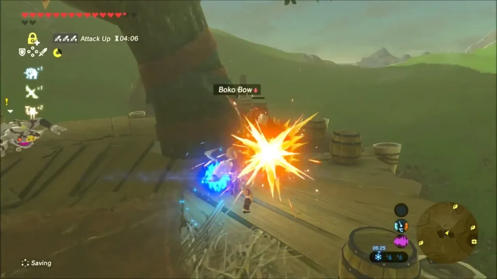 Link striking a Bokoblin on a treehouse camp platform with barrels Link striking a Bokoblin on a treehouse camp platform with barrels