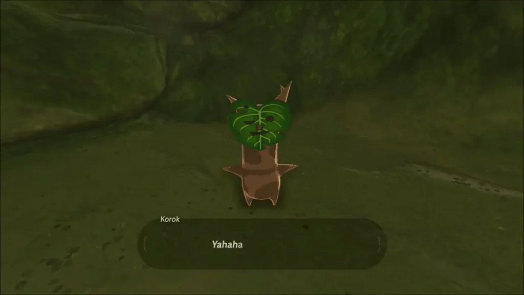 A Korok greeting Link with a Yahaha on the lake bed A Korok greeting Link with a Yahaha on the lake bed