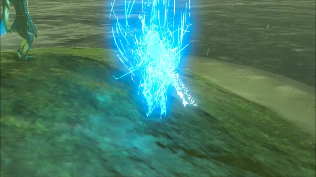 Link dissolving into blue light as he warps away from the islet Link dissolving into blue light as he warps away from the islet
