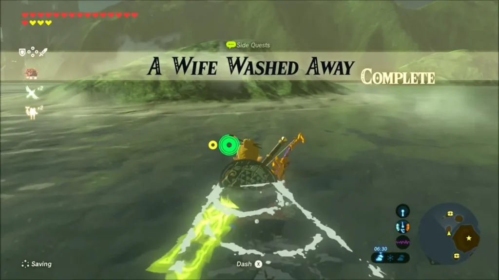 The A Wife Washed Away quest complete banner over Link in the lake The A Wife Washed Away quest complete banner over Link in the lake