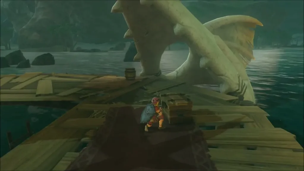Link on a wrecked wooden raft beside giant sea creature ribs Link on a wrecked wooden raft beside giant sea creature ribs