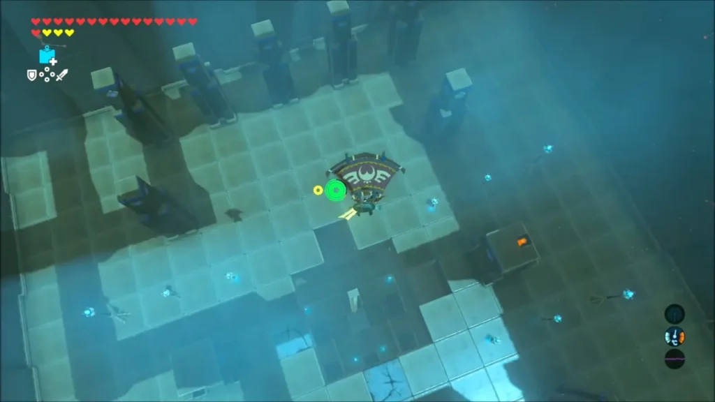 Link gliding over the tiled floor toward the pillar with the chest Link gliding over the tiled floor toward the pillar with the chest