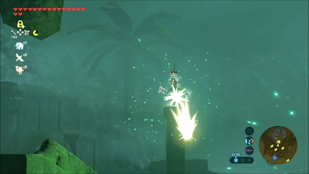 A stone pillar launched by Stasis in the misty Zonai Ruins A stone pillar launched by Stasis in the misty Zonai Ruins