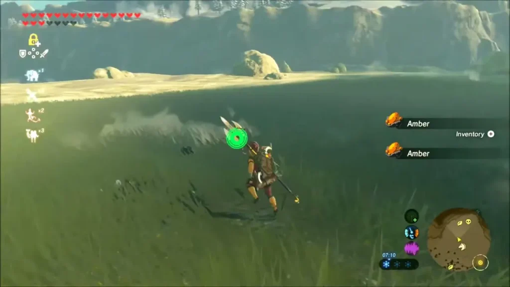 Link running through the grass with Amber picked up Link running through the grass with Amber picked up