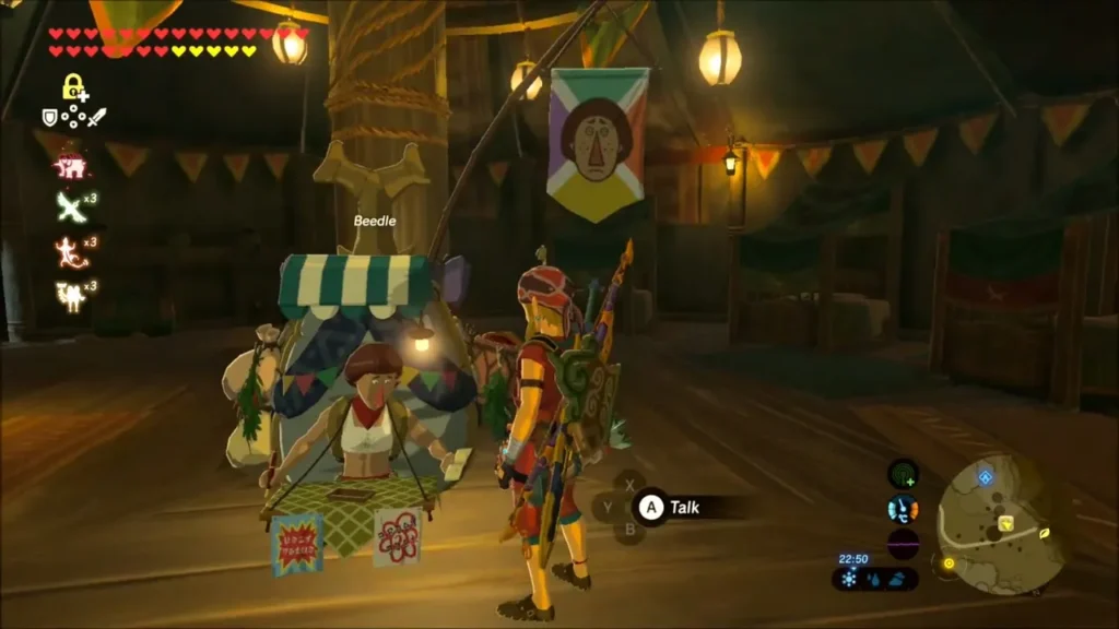 Link standing before Beedle and his stall inside the stable Link standing before Beedle and his stall inside the stable