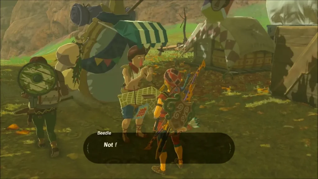 Beedle the traveling merchant chatting with Link beside his wares Beedle the traveling merchant chatting with Link beside his wares
