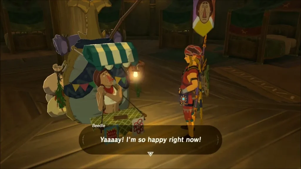 Beedle happily thanking Link at his shop stall Beedle happily thanking Link at his shop stall