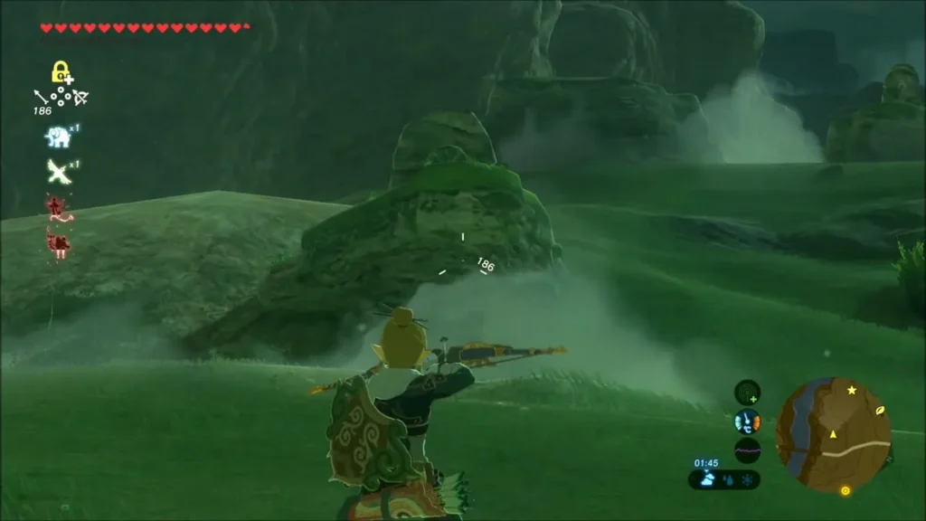 Link holding a bow aimed at a distant rock on the plains Link holding a bow aimed at a distant rock on the plains