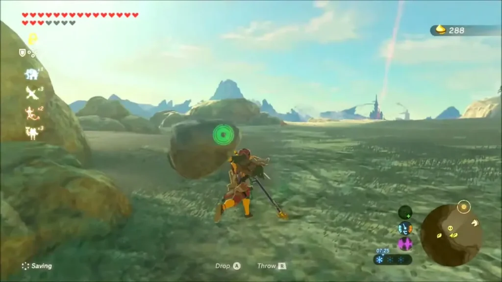Link carrying a boulder across the grassy flat Link carrying a boulder across the grassy flat