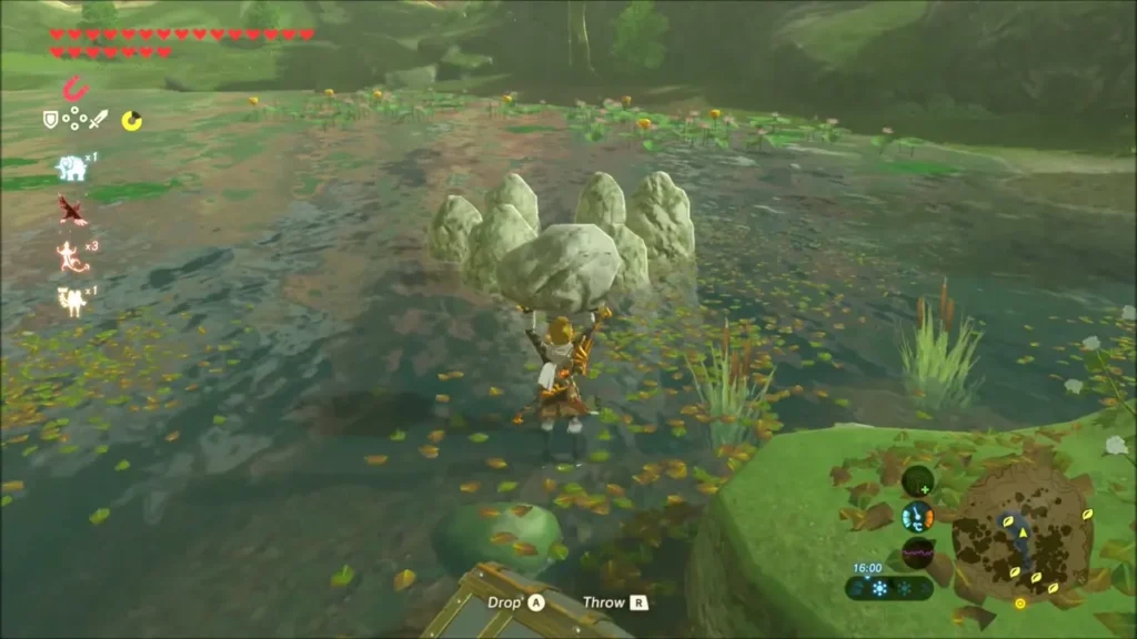 Link carrying a rock over the gap in the ring of stones in the pond Link carrying a rock over the gap in the ring of stones in the pond