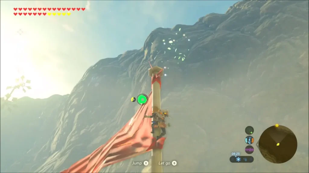 Link climbing up the red flag pole toward the hidden Korok Link climbing up the red flag pole toward the hidden Korok