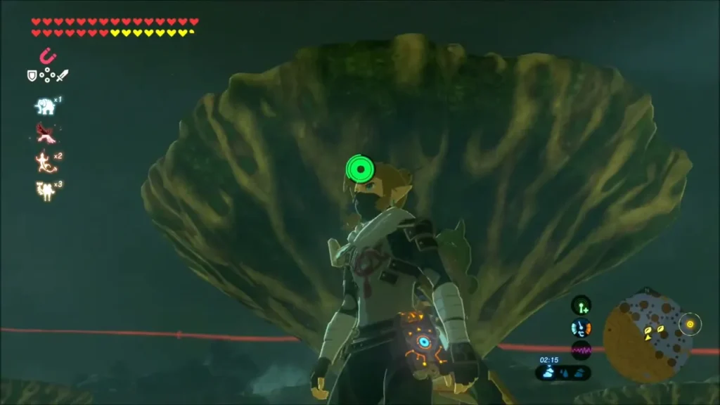 Link climbing a giant mushroom pillar toward its wide cap Link climbing a giant mushroom pillar toward its wide cap