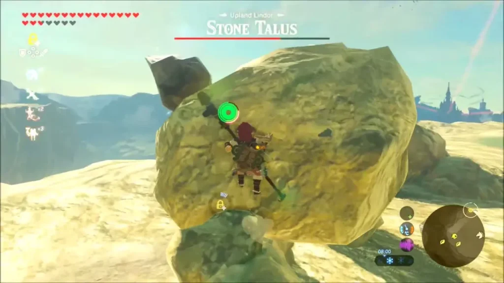 Link clinging to the side of the Talus as it rises Link clinging to the side of the Talus as it rises