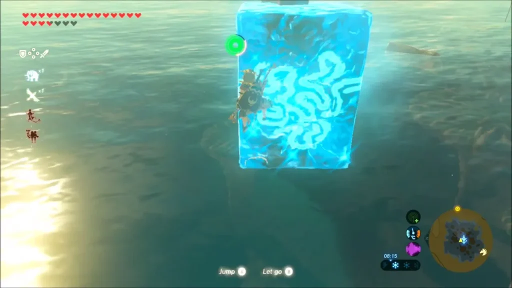 Link climbing a Cryonis ice block raised from the water Link climbing a Cryonis ice block raised from the water