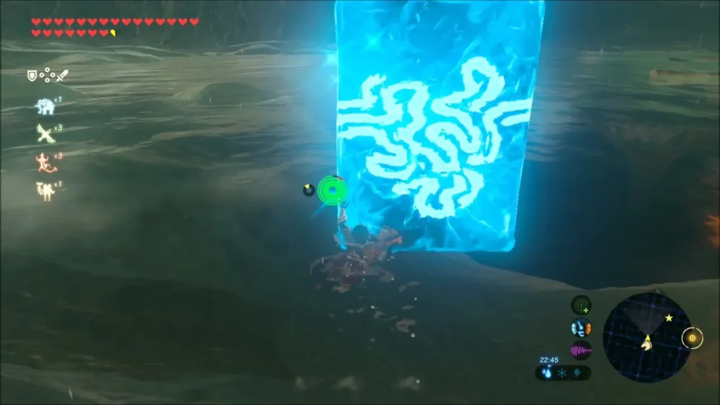 Link raising a Cryonis ice block on the flooded land near the tower Link raising a Cryonis ice block on the flooded land near the tower