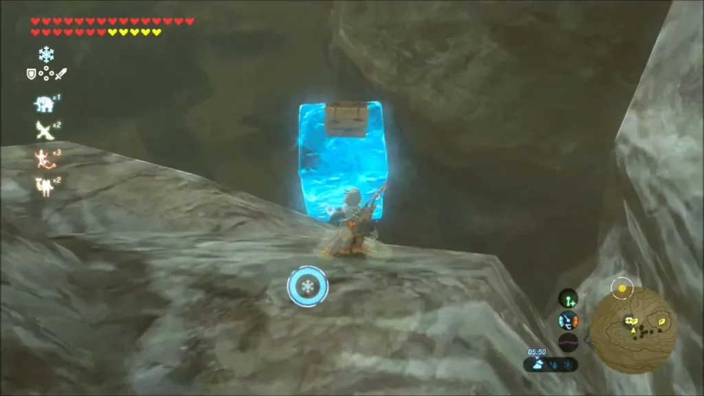 A Cryonis ice block lifting the chest up above the cave water A Cryonis ice block lifting the chest up above the cave water