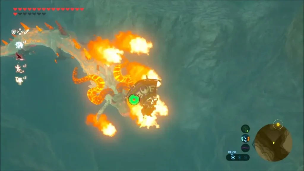 Dinraal the fire dragon bursting into flames beside Link Dinraal the fire dragon bursting into flames beside Link