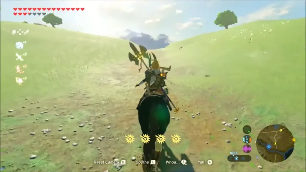 Link riding along a dirt trail over grassy hills Link riding along a dirt trail over grassy hills