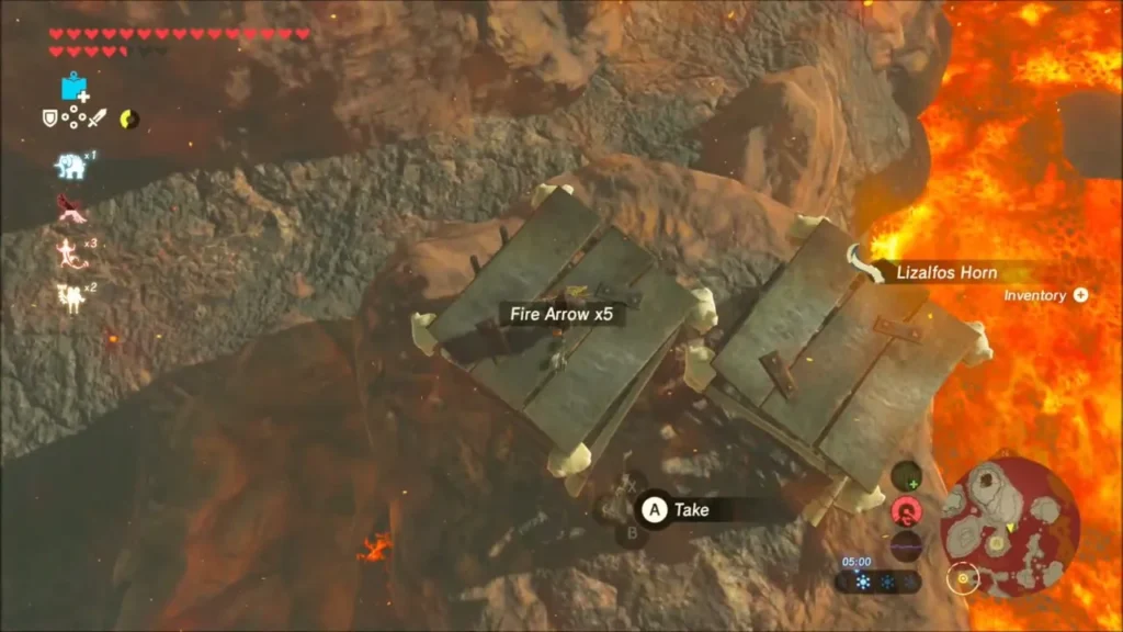 Opened chest at the Lizalfos camp showing Fire Arrow x5 Opened chest at the Lizalfos camp showing Fire Arrow x5