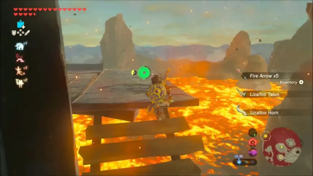 Link on the camp platform with Fire Arrow x5 and Lizalfos drops listed Link on the camp platform with Fire Arrow x5 and Lizalfos drops listed