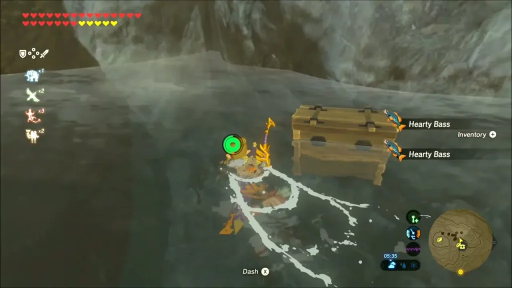 Link beside a chest sitting in the water of the cave Link beside a chest sitting in the water of the cave